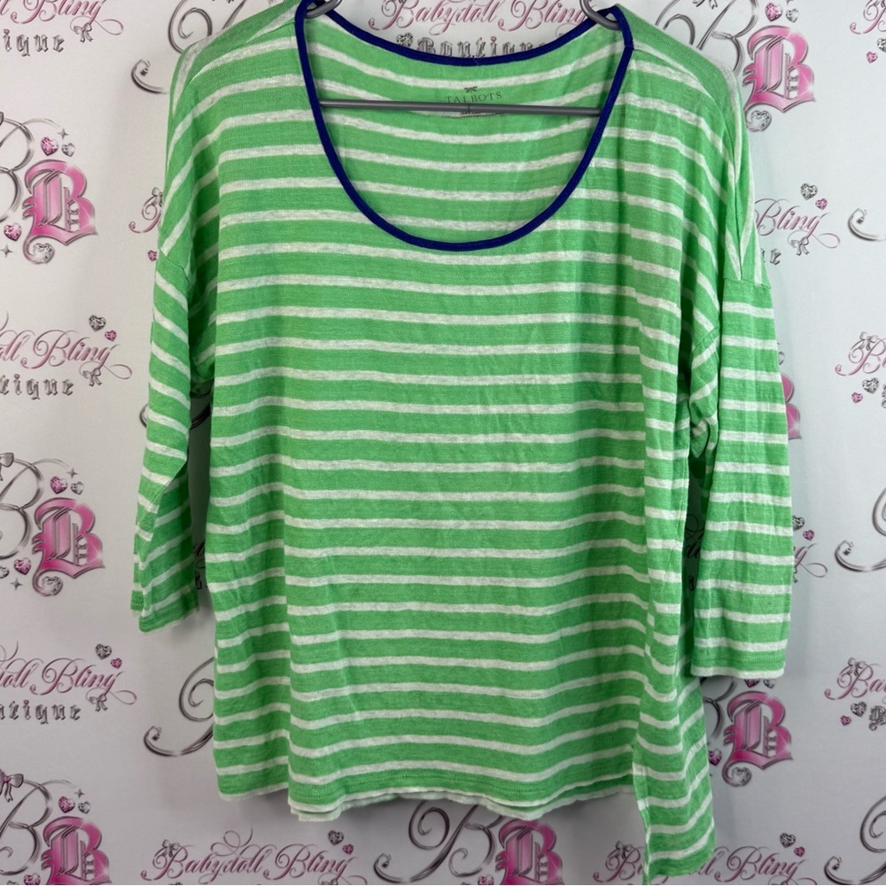 Talbots shirt, Navy neck line, unique, Green and White Striped Long Sleeve Top